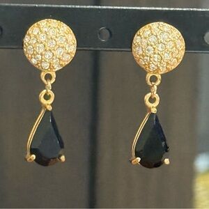 Signed ROMAN Perfect Pave White Rhinestone Button With Black Dangle Earrings.